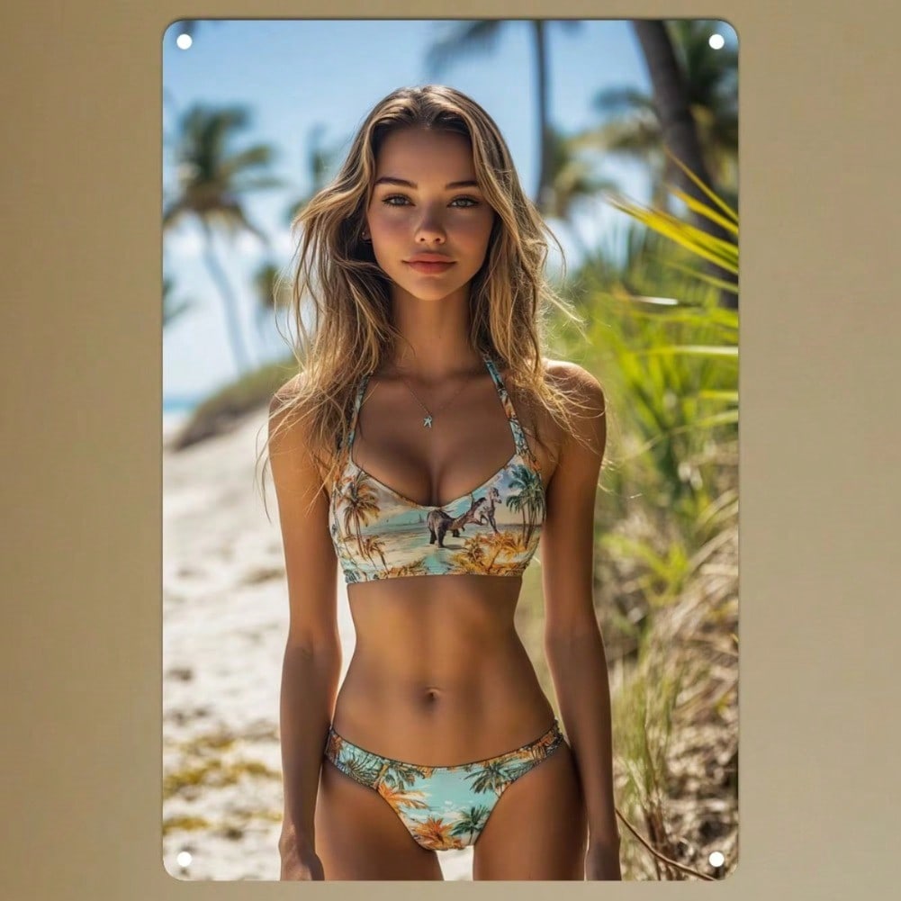 Retro Dinosaur & Bikini Lady Round Metal Sign, Aluminum Wall Art for Living Room Decor 20x30cm