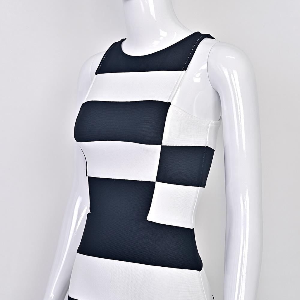 Chic Black and White Geometric Striped Mini Bandage Dress - Waist-Cinching, Hip-Hugging for Dates, Parties, and Fashion Shows.