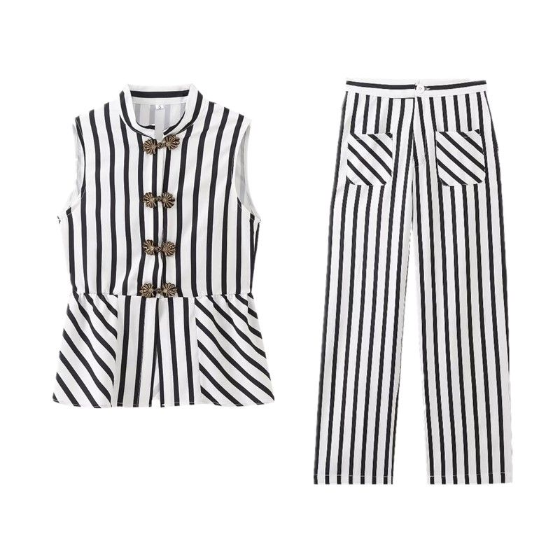 

Fashion Wind 2024 New Fall Women s Clothing Two-piece Set Stylish All-Matching Striped Print High Waist Pants Suit Suit L