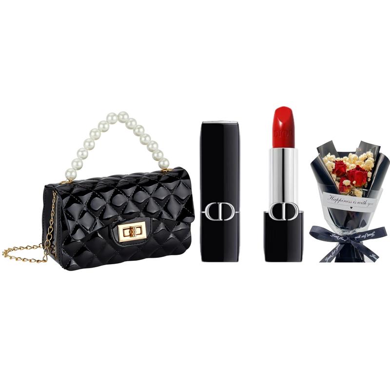 DIOR Духи #999 3,5 г увлажняющие. Атласное вечернее платье + букет роз с гипсофилой + жемчужная сумочка синий