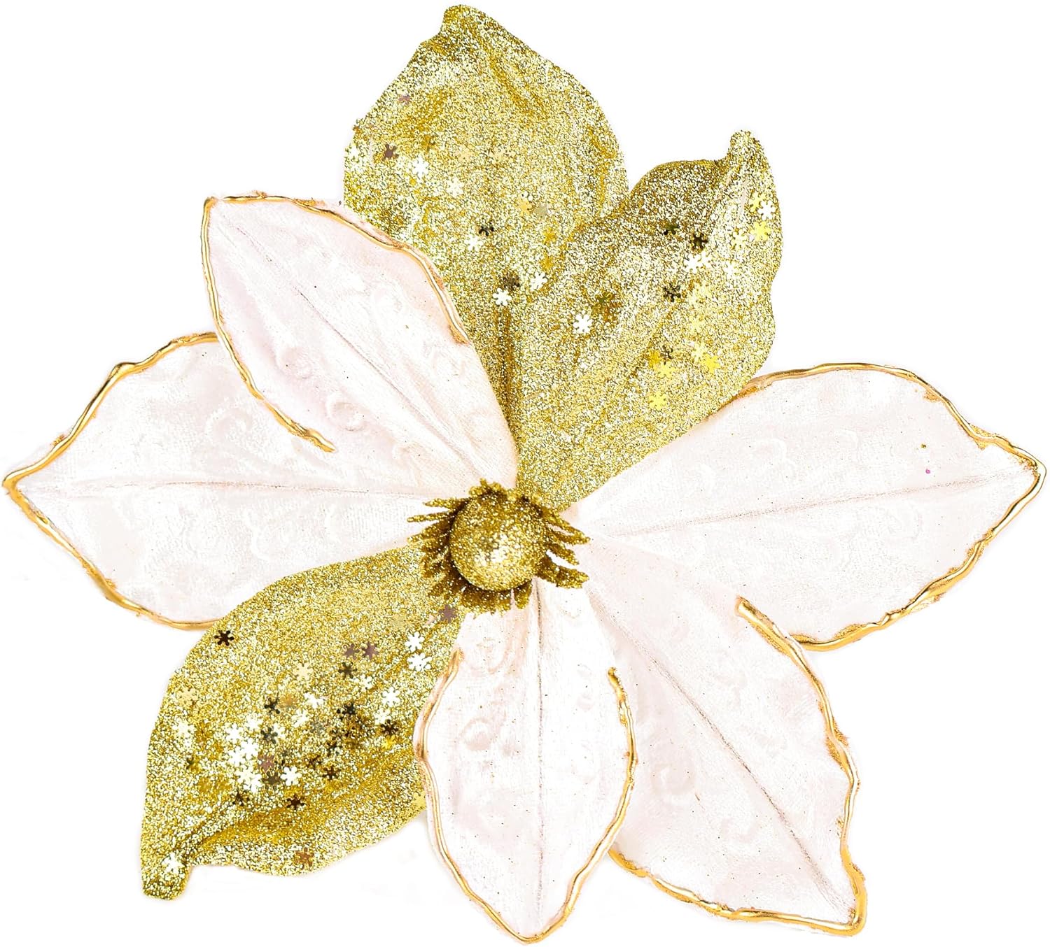 

10 Large Christmas Poinsettia Picks, 6pcs Glitter Tree Decorations, Green+Gold Floral Ornaments 0.6M біле золото кольору