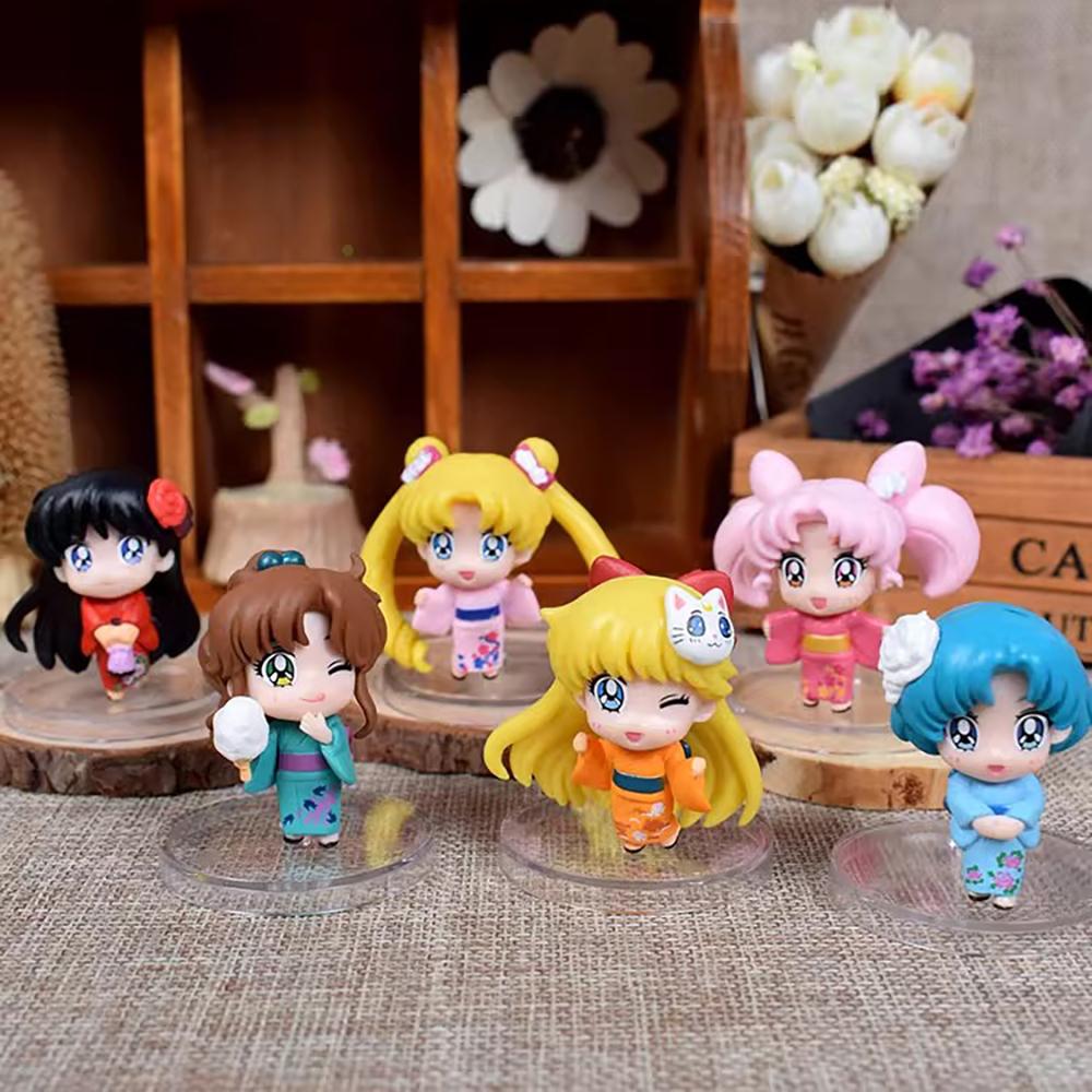 6PCS Anime Sailor MoonFigure Kimono Cartoon Figuarts Mini Kaiou Michiru Tomoe Hotaru Meiou Setsuna Playthings For Girls Model Dolls
