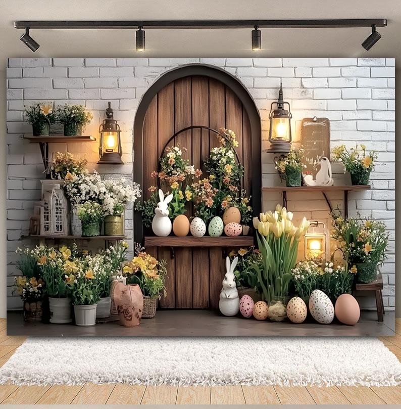 Easter white brick wall flower rabbit Easter egg shooting Backdrop spring flower wall children's birthday party banner Backdrop