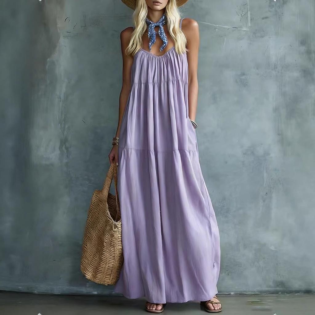Women Summer Boho Spaghetti Strap Tiered Maxi Dress, Loose Flowy Pocket Solid Sundress, Lightweight Blend Fabric Casual Beach Resort Vacation Dress