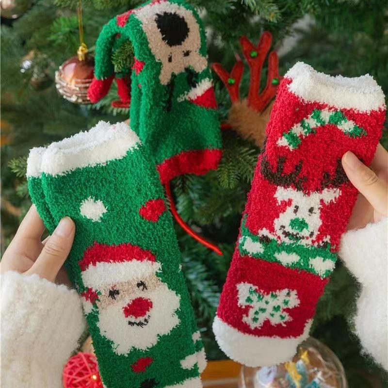 New Christmas socks Children's coral fleece thickened warm home mid-tube floor socks Autumn and winter plush sleep socks
