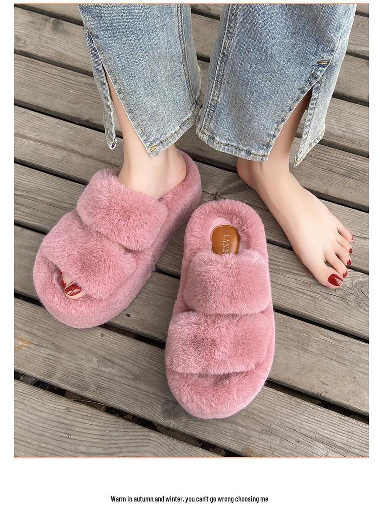 Damen Pelzige Höhenverstärkende Hausschuhe - Herbst/Winter 2023: Doppelriemen, Dicke Sohle, Koreanischer Stil, Plüschbaumwolle, Größe 35-42