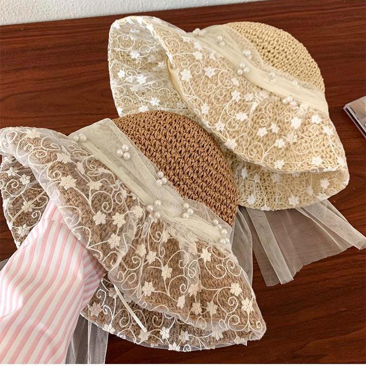 Handmade Hat Rustic Style Forest Style French Lace Flower Sunshade Mesh Pearl Vacation Sunshade Hat