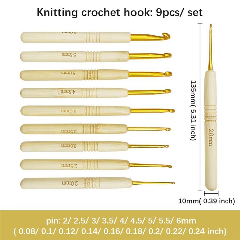 M-Modern-9Pcs 135Mm Bamboo Crochet Hook Wooden Handle Crochet Hooks Knitting Needles Sets For Making Sewing Blankets Yarn Crafts