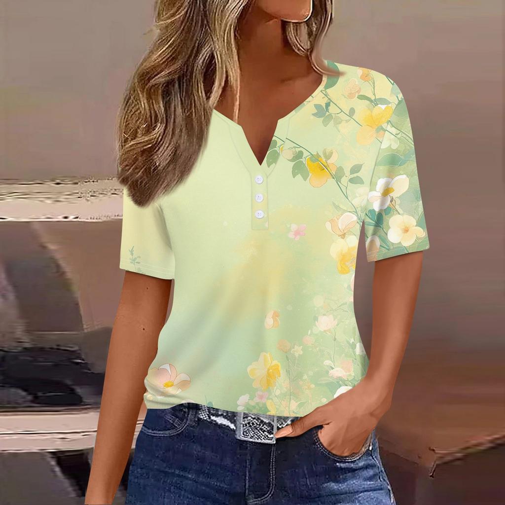 Damen T-Shirt mit Aufdruck und Knopfleiste, kurzärmelig, für den Alltag, Wochenende, modisch, Basic, V-Ausschnitt, normales Oberteil