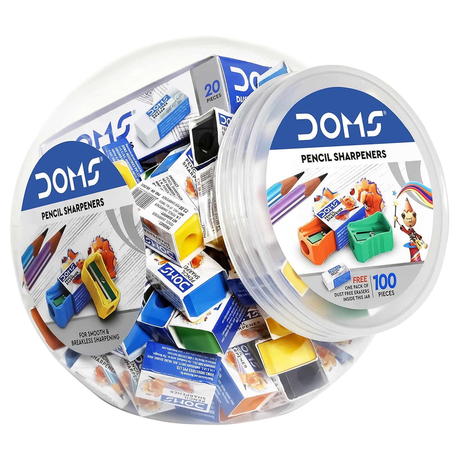 

DOMS Pencil Sharpener Jar Pack Multicolour 100 Pieces with Free 20 Erasers for School Office Stationery Use Essentials