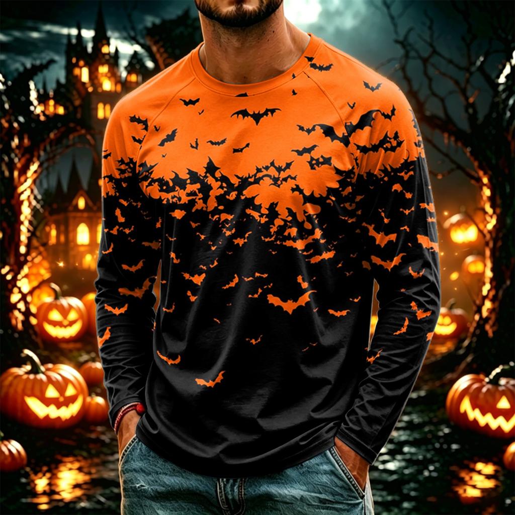 Men's Casual Halloween Print Neck Long Sleeve T-Shirt Lightweight for Daily Wear