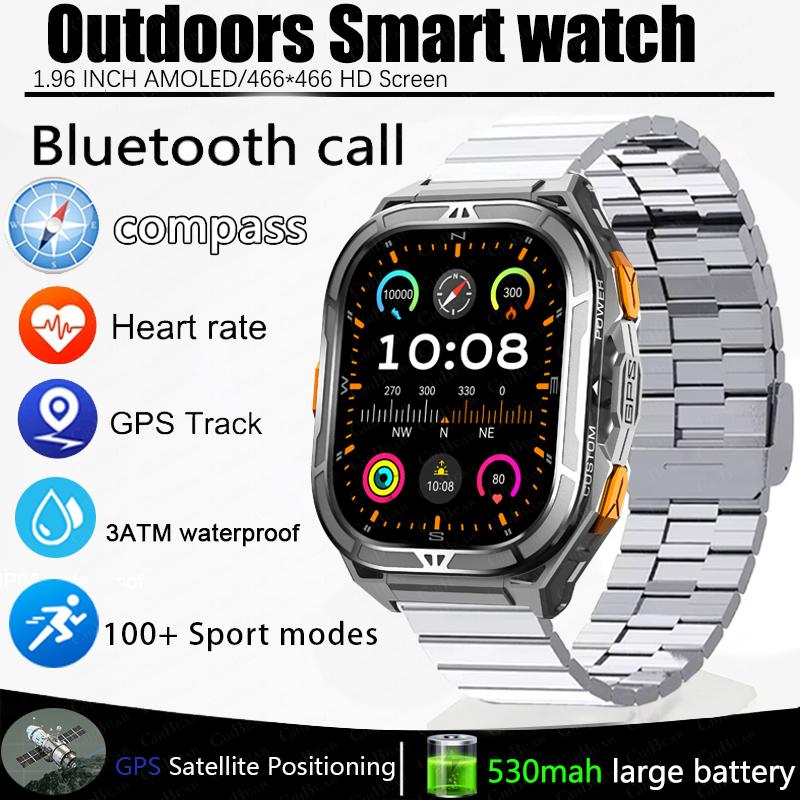 New Sport Smart Watch Men GPS Track 5ATM Waterproof Compass Heart Rate 530mAh Battery 1.96"AMOLED Screen BT Call Smartwatch