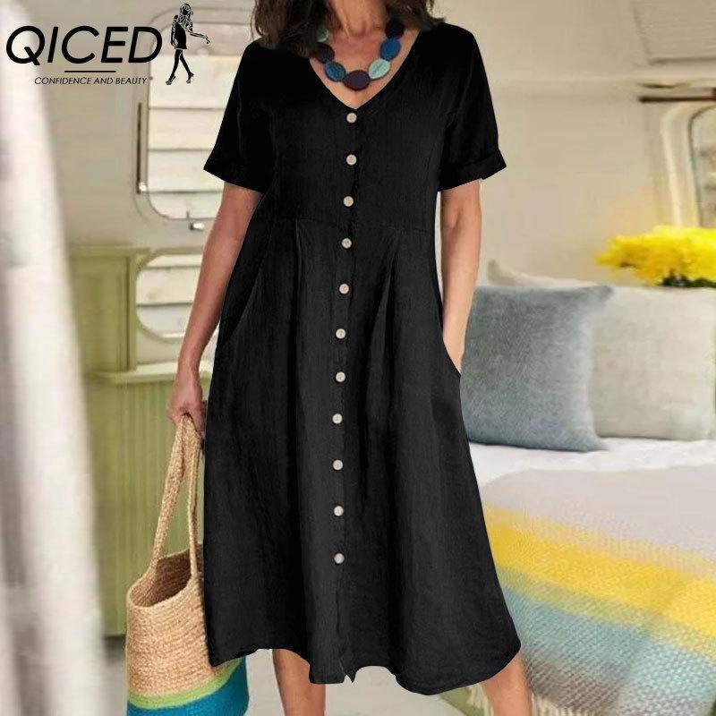 QICED Women's Fashion Summer Spring Solid Color Print V-Neck High Waist Casual Dresses