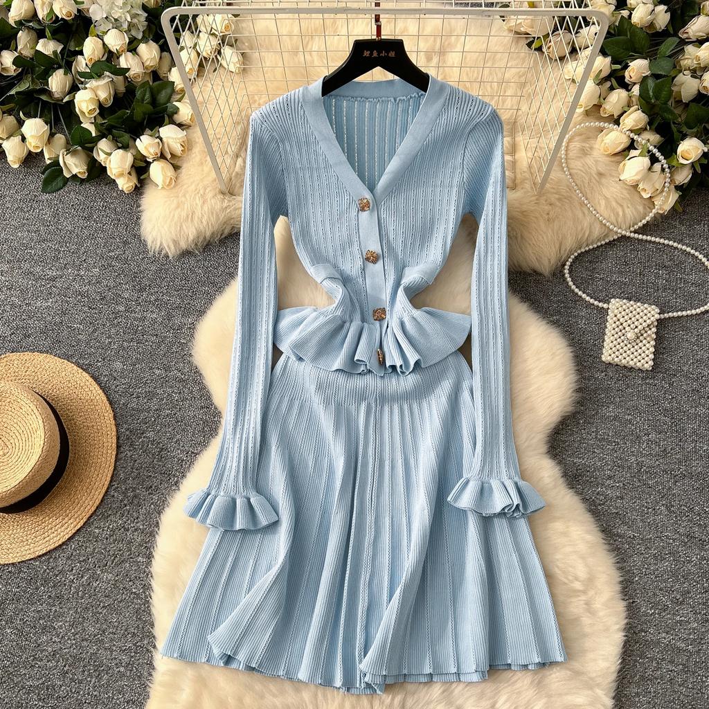 Elegant Ruffle Knit Sweater Vintage Chic V-neck Breasted Long Sleeves Slim Dresses French Office Lady High Street Autumn Winter Clothing