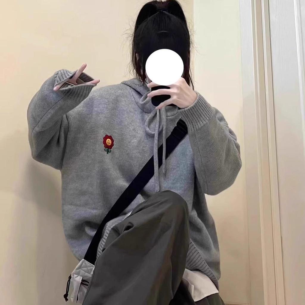 Women's Grey Floral Embroidered Hooded Knit Sweater - Autumn/Winter Casual Retro Style