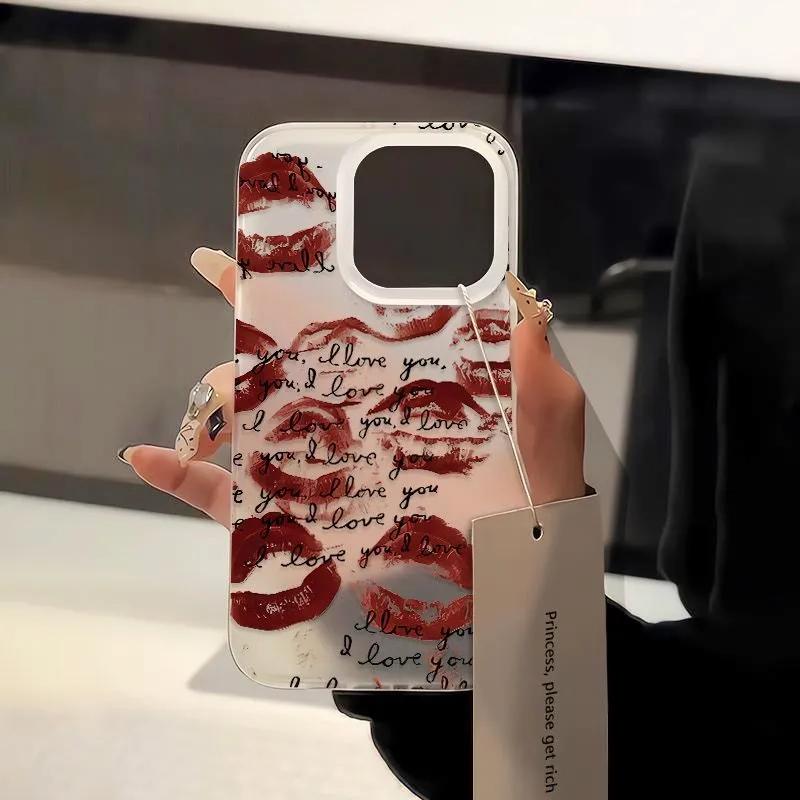 Simple Texts Full Screen Red Lip Print Phone Case For iPhone 17 AIR 16E 15 14 13 12 11 PRO MAX XSMAX XR 7 8 PLUS Y2K Matte Cover