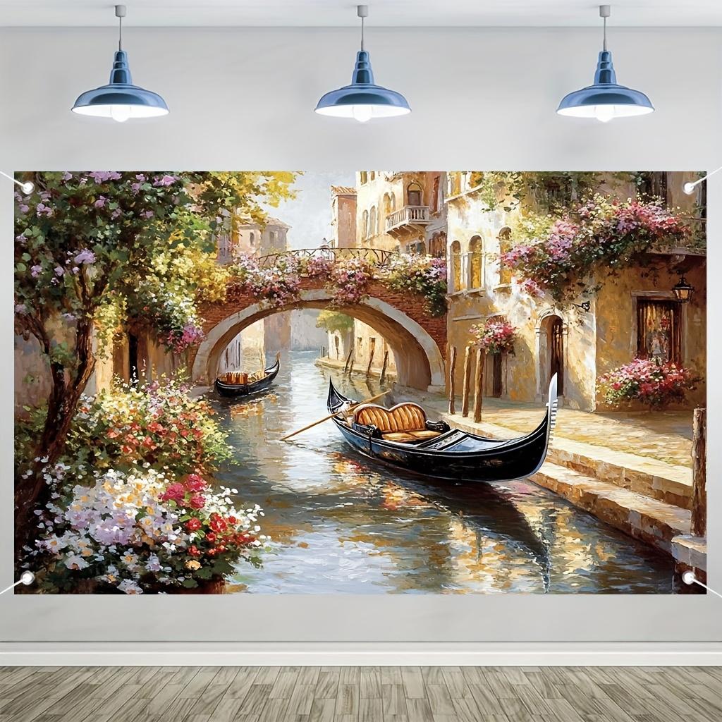 Venice Gondola Ride Tapestry - Romantic Italian Canal Scene with Ancient Bridges & Floral Decor, High-Quality Polyester Wall Han