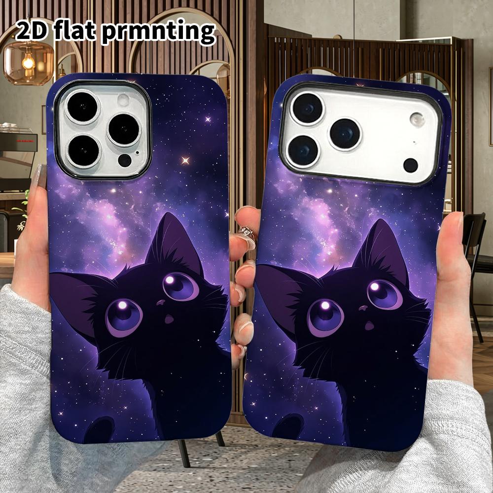 Phone Case: 2D Flat Design Suitable for iPhone 18, 17, 16, 15, 14, 13 Pro Film Protective Case, Couple Style, Starry Black Cat, Christmas and Hallowee