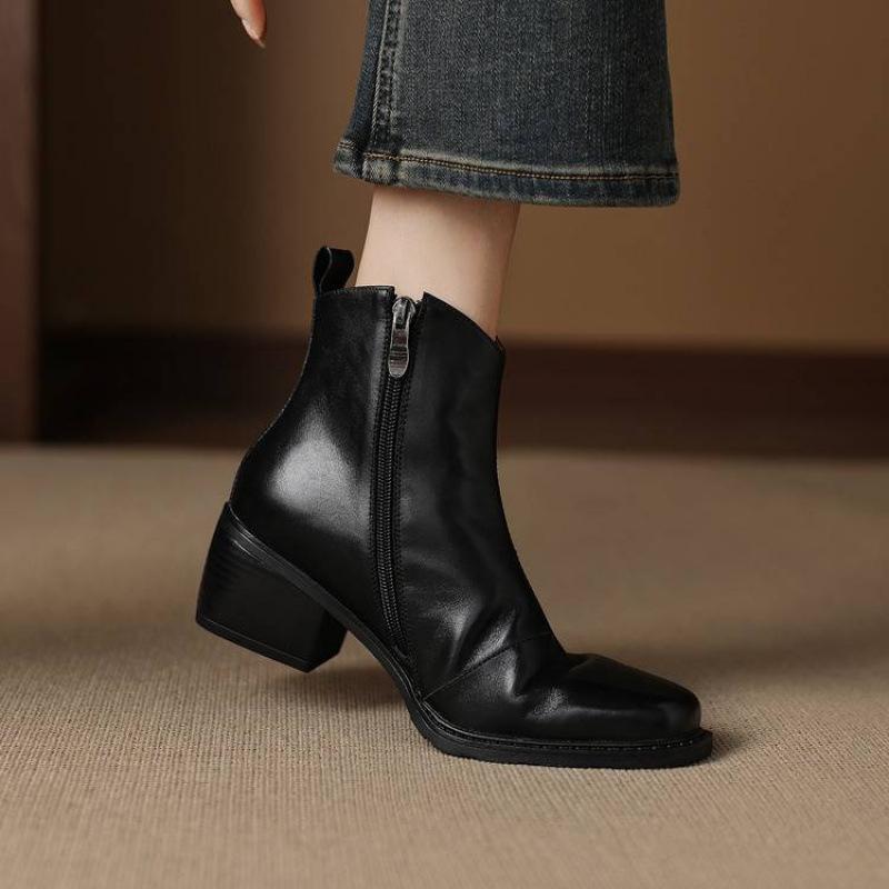 Neue Damen-Rindsleder vielseitige Martin Stiefel einfarbig Seitenreißverschluss Übergröße mittlerer Absatz Damenstiefel dicker Absatz Reißverschluss mittelhohe Stiefel