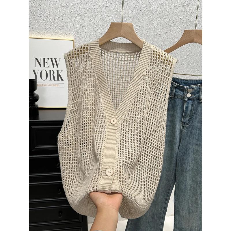 Gilet all'uncinetto con bottoni per donna, scollo a V, senza maniche, traforato, top, outfit estivo Boho Chic Vintage