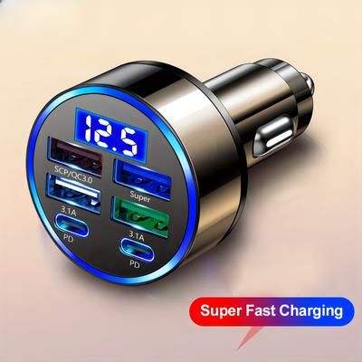 Car Charger With QC3.0 Fast Charging, 1 To 6 Multi-functional Car Adapter With PD Flash Charging And Digital Display