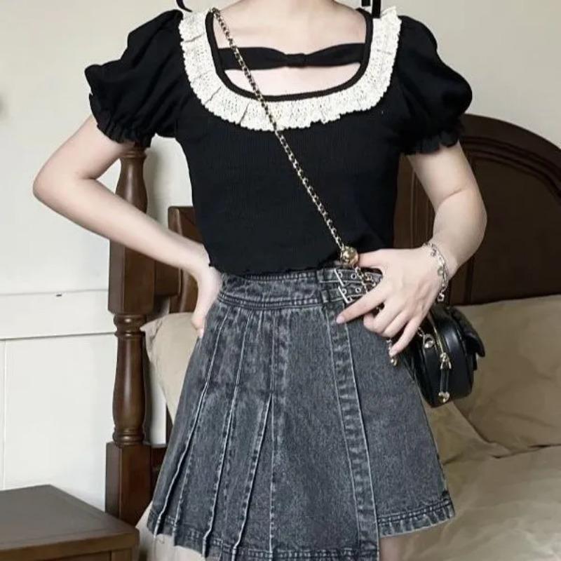 Women's Pink Short Sleeve Top with Lace Trim and Bow Detail Form Fitted Casual Blouse