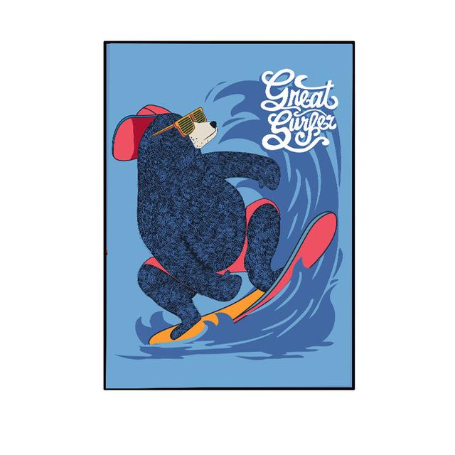 

Скандинавский мультяшный серфинговый медведь, декоративная живопись, подвесные картины для детского сада, фрески для детской комнаты, холст, настенное искусство, детская комната 21*30cm