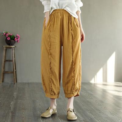 Spring Summer Vintage Literary Ruffled Trim Cotton Linen Casual Pants Women's Loose Comfortable Breathable Harem Pants