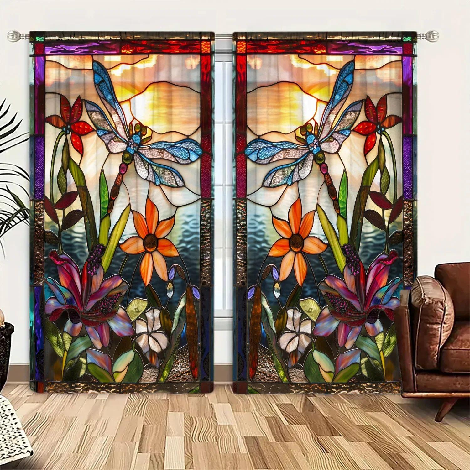 

VIKAMA Coloured Glass Print Curtains Dragonfly Floral Vintage Contrast Curtains Living Room Bedroom Decorative Curtains 100*130 Rod Pocket 1pcs