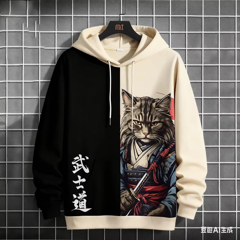 Bushido Sports Men's Hoodie, Funny 3D Samurai Cat Pattern Autumn Winter Casual Loose Streetwear