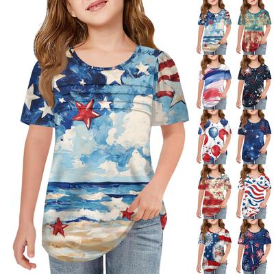 Kids Pleated T-shirt Short Sleeve Summer Crewneck Printed Independence Day Casual Top T-shirt