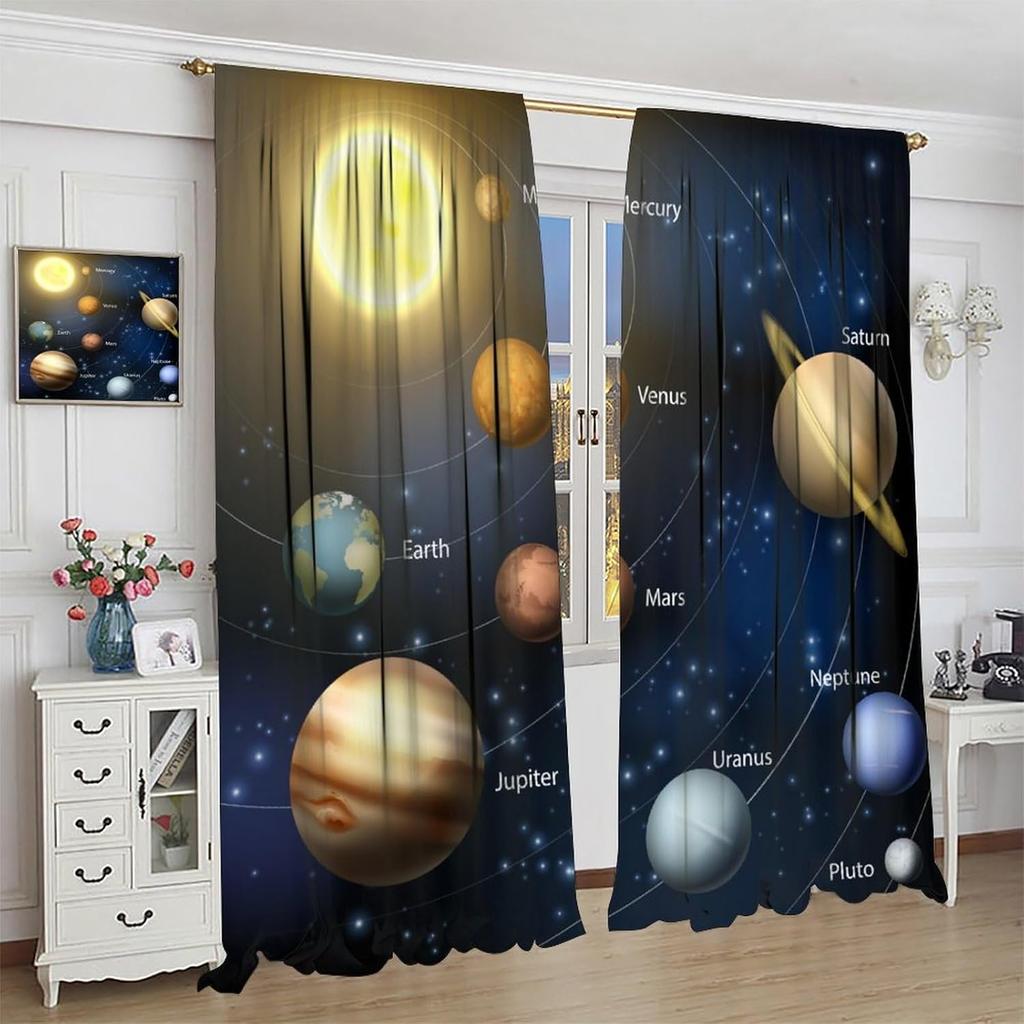 Solar System Window Curtains, Outer Space Space Astronaut Galaxy Window Treatments for Kids Boys Girls Bedroom Living Room