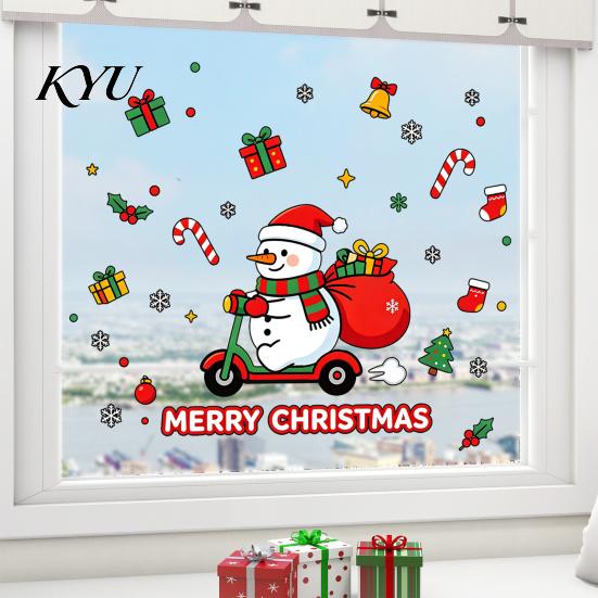 Christmas Gift Ideas Cute Snowman Scooter Static Window Cling, Cartoon Merry Glass Decorations Decal, Waterproof Sticker for Home Shop Xmas