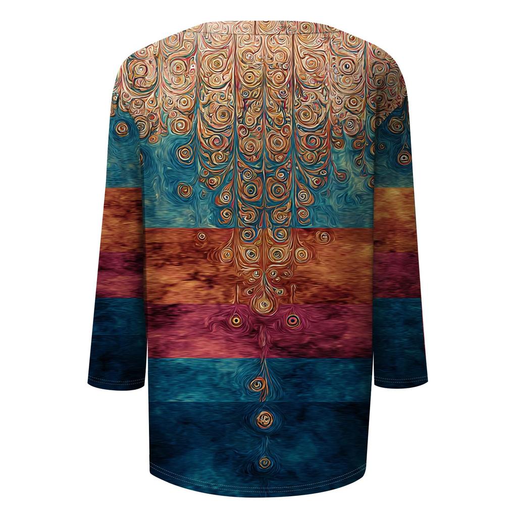 Trendy Vintage 3/4-ermet topp for kvinner, dame casual trekvart erme rund hals trykt t-skjorte bluse