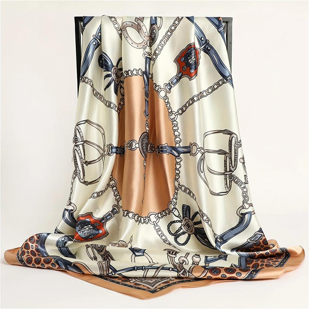 Chain Printed Square Hijab Scarf Stylish Thin Satin Shawl Elegant Style Sunscreen Headscarf For Women