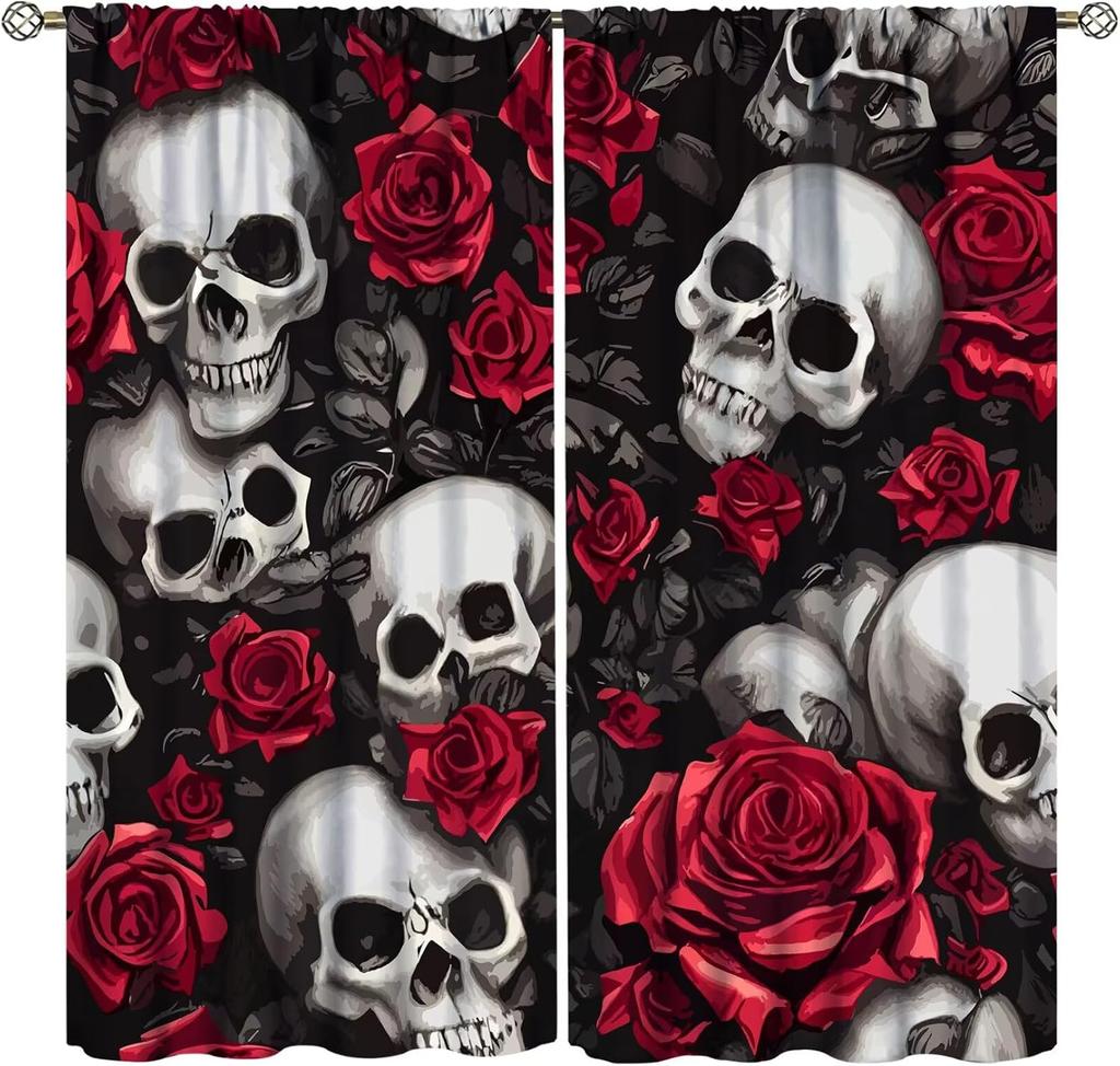 Vintage Skull Curtains Rose Flowers Wildflowers Halloween Theme Scary Curtain Bedroom Living Room Home With Rod Pocket Polyester Ideal For Sitting
