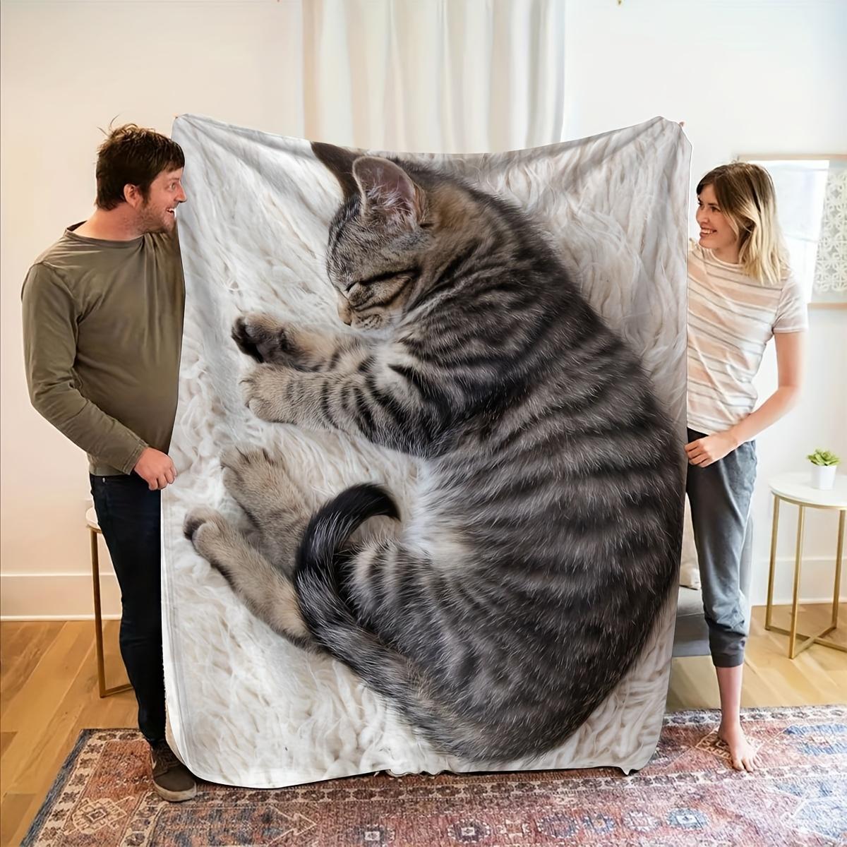 Sleeping Cat Flannel Blanket, Healing Design Soft Throw, All Season Comfort for Office Sofa Car, Perfect Unisex Gift Idea 75x90cm