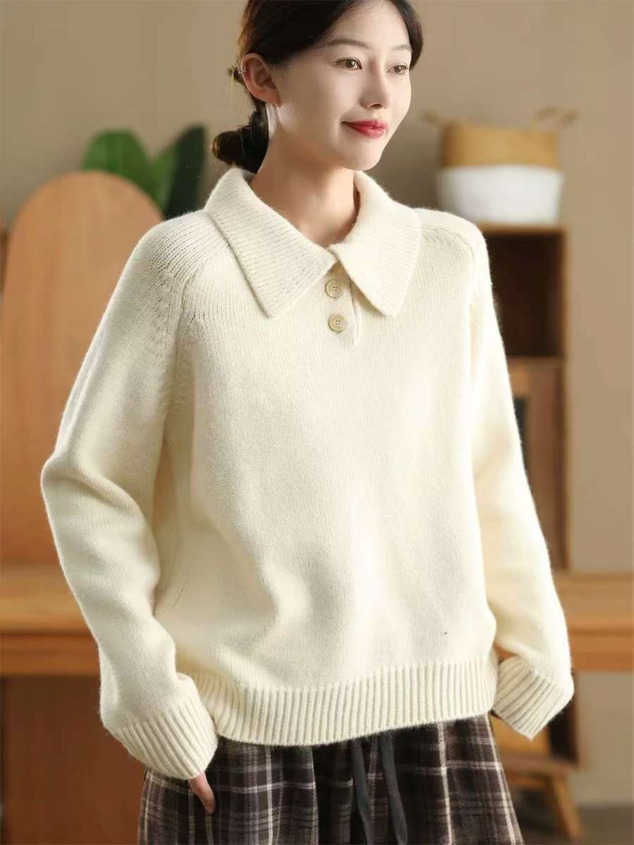 

Johnature Жіночі вінтажні пуловери, однотонні бавовняні трикотажні відкладні коміри, теплі зимові повсякденні светри One Size