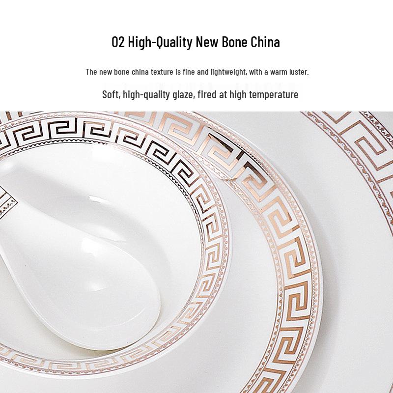 Set di Stoviglie in Ceramica di Lusso: Piatto, Ciotola, Cucchiaio e Tazza in Osso con Bordo Dorato - 4 Pezzi per Eleganza di Hotel e Ristorante