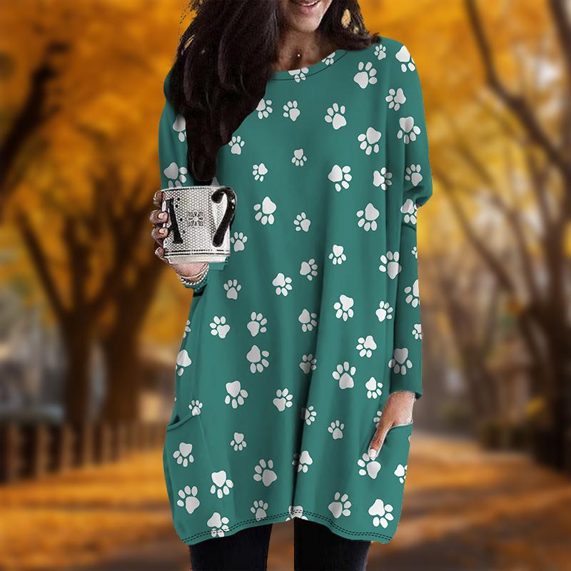 New In Autumn Solid Color Dog Paw Print Plus Size Dress Women O'neck Long Sleeves Casual Pocket Dresses