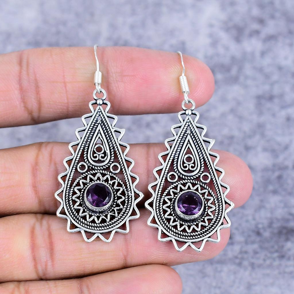 Amethyst Gemstone Handmade 925 Sterling Silver Jewelry Earring 2.36" M-2697
