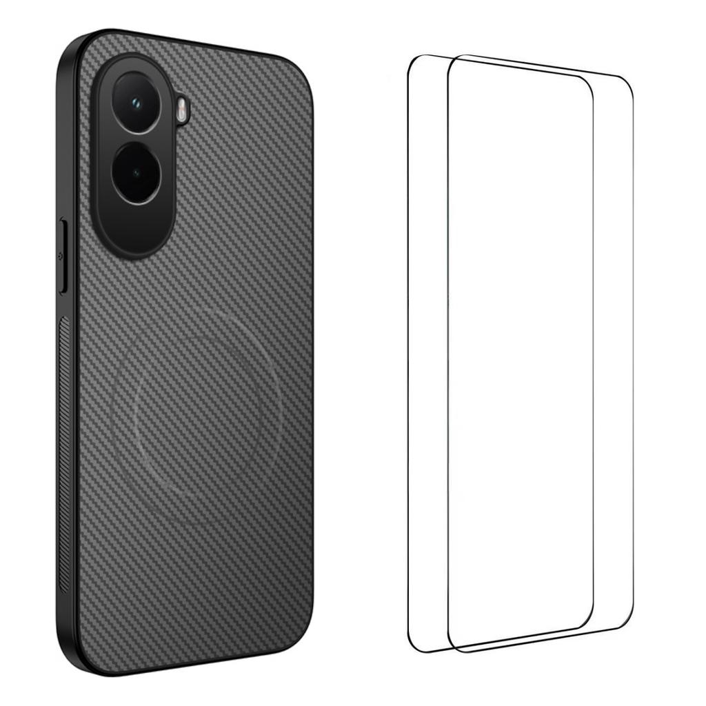 For Xiaomi Poco M7 4G Magnetic Case WANLONFENG TQ1 Series Carbon Fiber Texture PC TPU Phone Cover with 2Pcs Screen Films