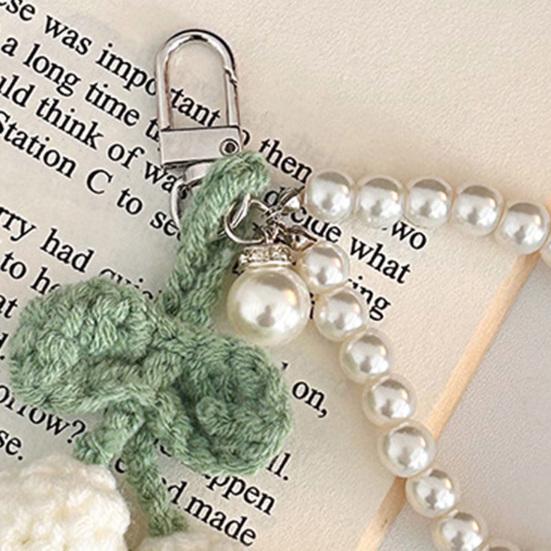 Crochet Flower Keychain Handmade Flower Fruit Bag Charm Cute Keychain Pendant with Faux Pearl Chain Accessory for Girls Women Keys Backpack