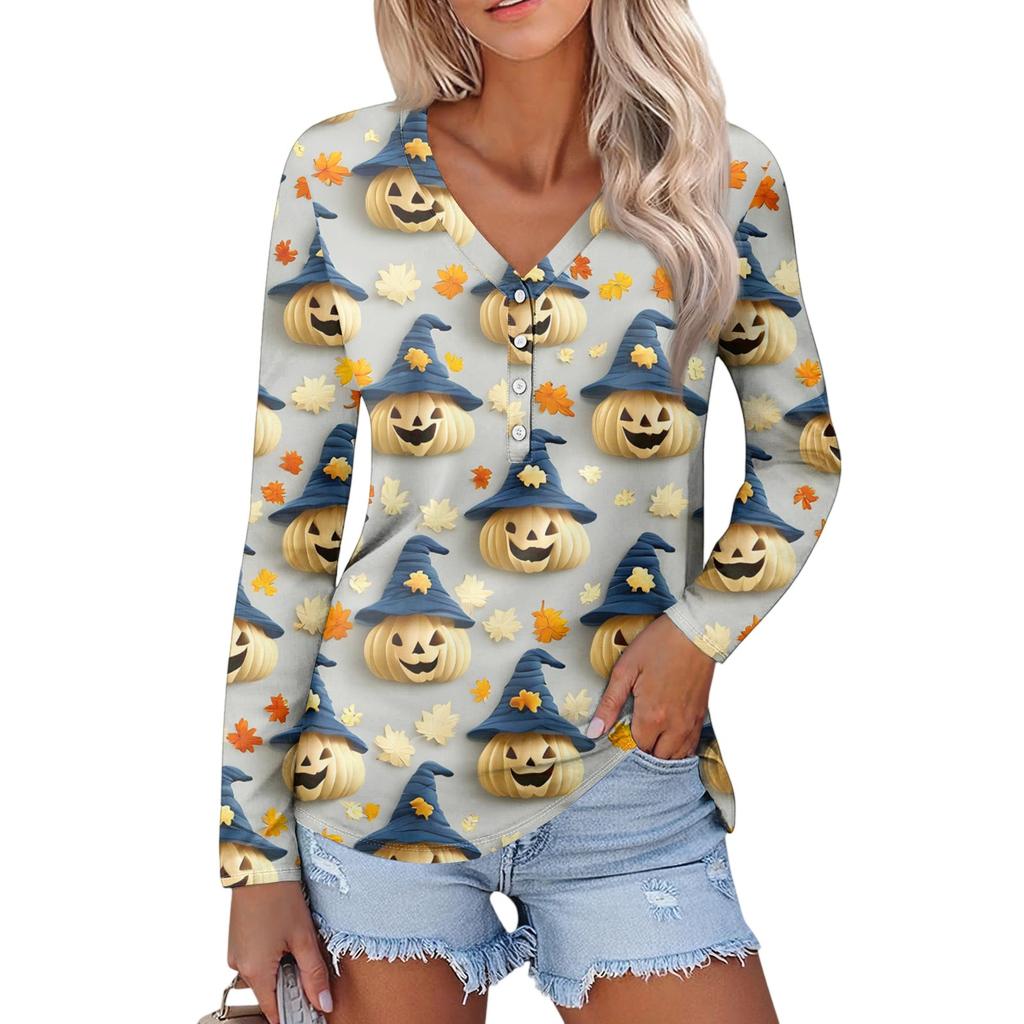Women's Casual Fashion Sexy Comfort Halloween Printed V-Neck Button Long Sleeve
