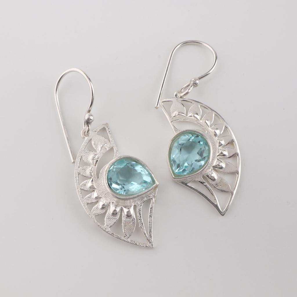 Natural Sky Blue Topaz Gemstone 925 Sterling Silver Jewelry Women Dangle Earring 1.5" CE-26-2