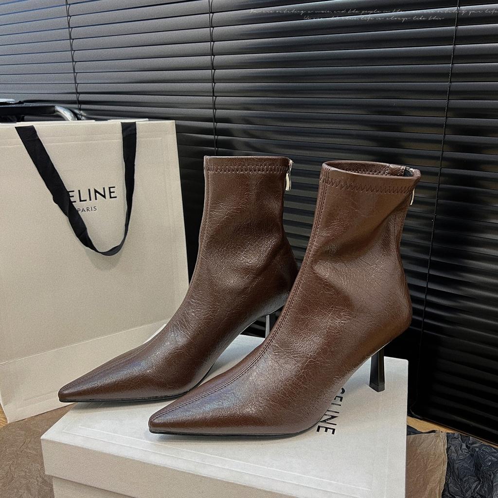 Cowhide version~ Korean version of retro style temperament pointed head high heel short boots women's rear zipper thin heel leather short thin boots
