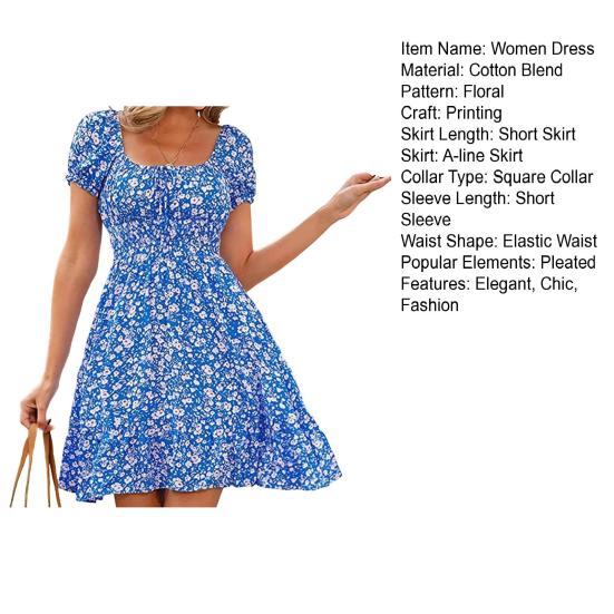 Women's Short Sleeve Summer Dress Square Neck Boho Floral Smocked Swing Dress A-Line Flowy Ruffle Beach Sundress
