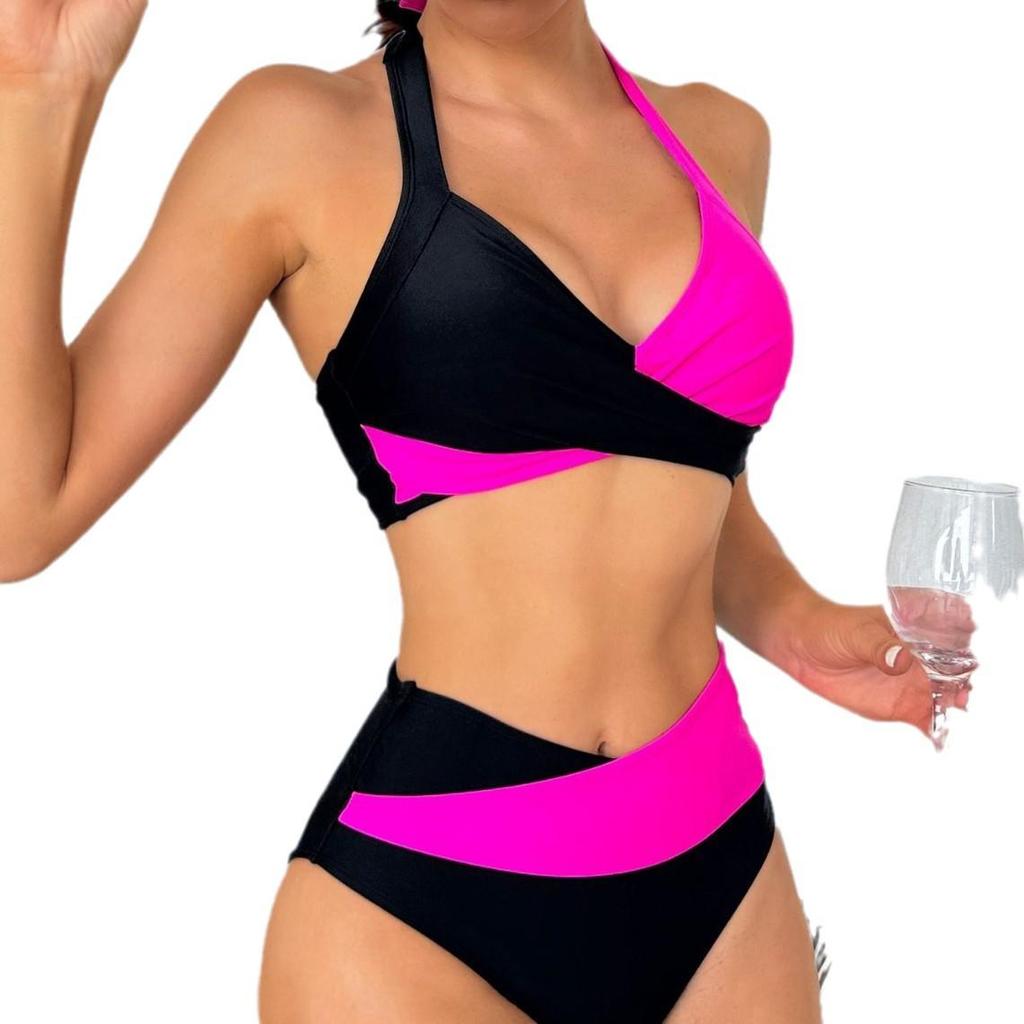 2025 Color Block High Waist Halterneck Bikini Two-Piece Swimwear for Women.