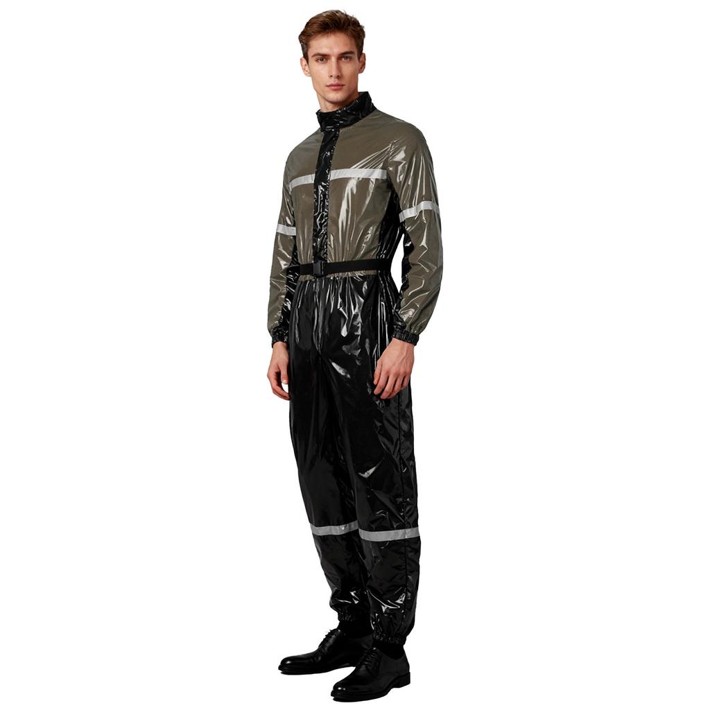 Men Stand Collar Long Sleeve Zipper Belted Jumpsuit Work Coveralls