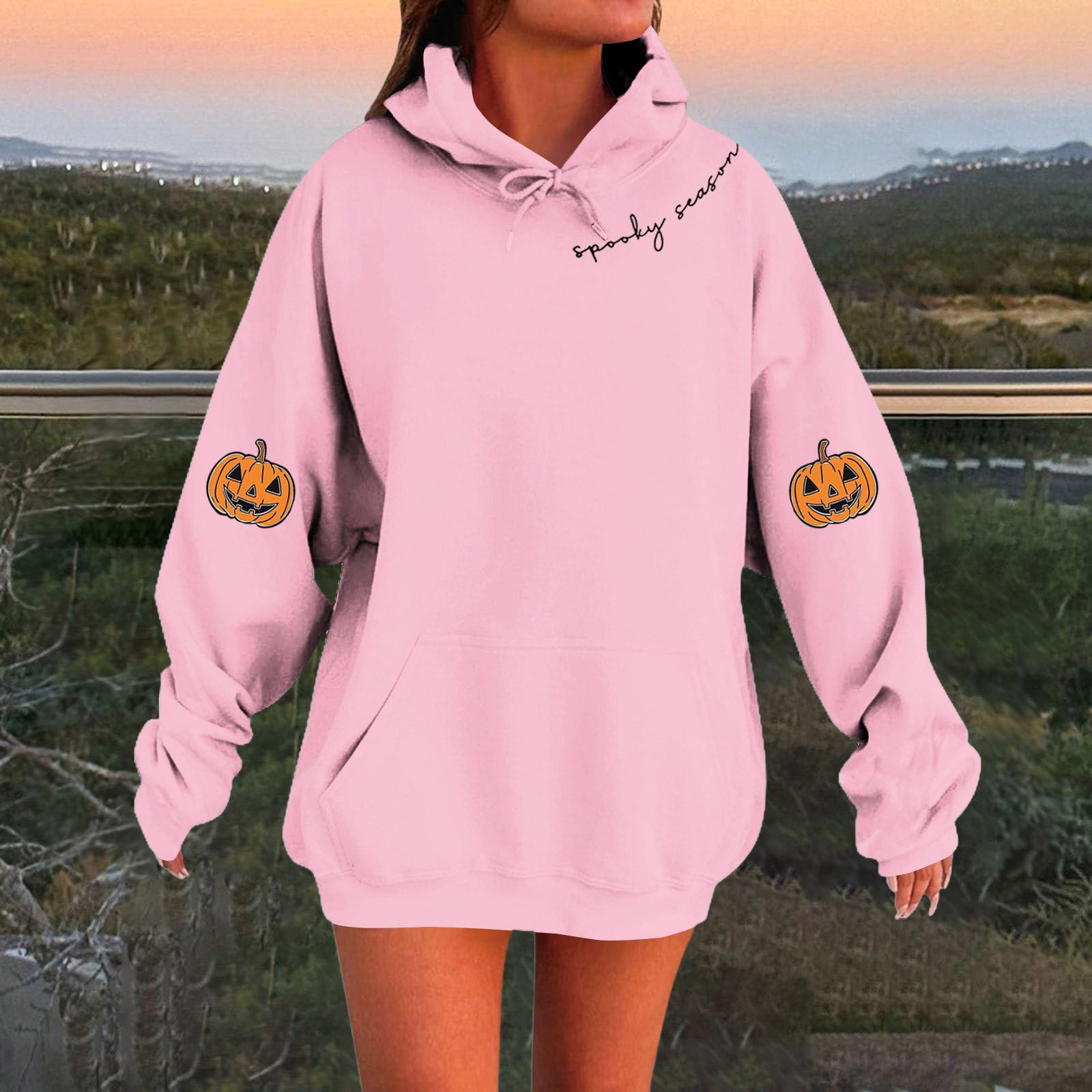 

Женский однотонный пуловер с длинным рукавом, капюшоном и повседневным принтом на Хэллоуин L розовый